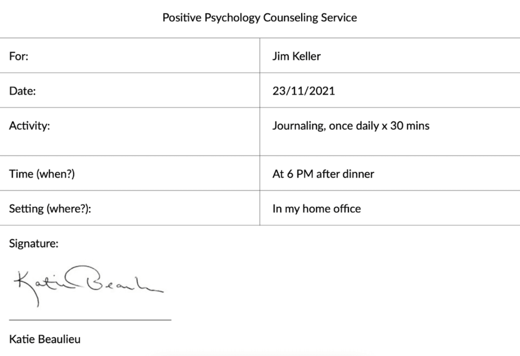 A table showing who the prescription is for, the date, the chosen activity, time and setting.